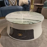Coffee Table Set with Integrated Natural Wood Veneer and Marble-Effect Top